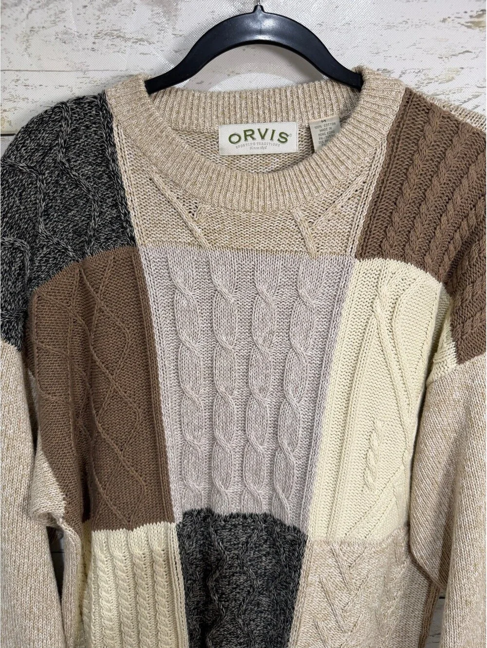 Orvis Vintage Cable Knit Sweater Mens Crewneck Brown Size Medium 100% Cotton